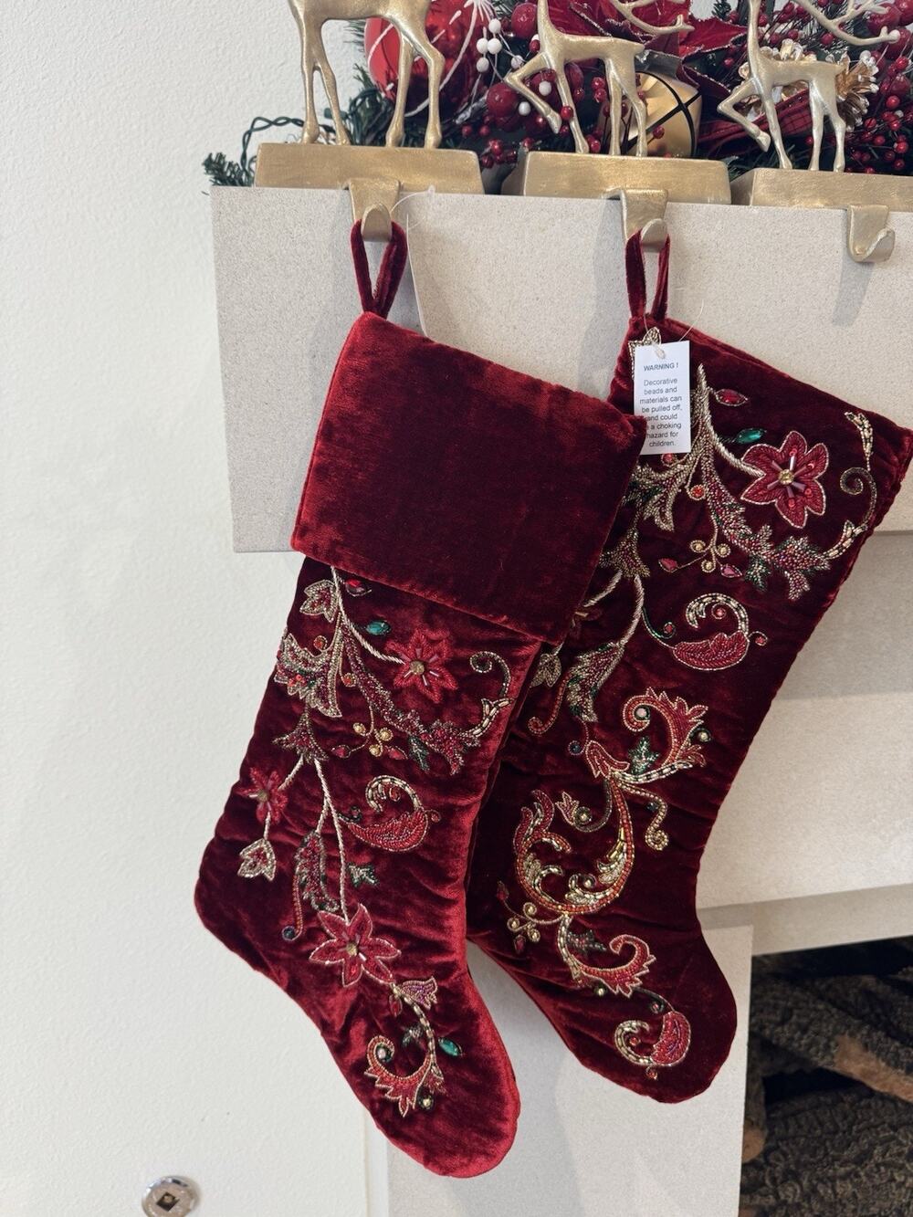 Neiman Marcus Spiritual Christmas Magnolia scroll drop stocking red velvet cuff
